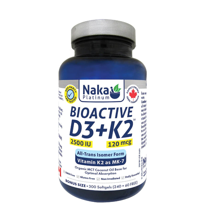 Naka Platinum BioActive D3 + K2 (Mk-7 Form) 2,500IU + 120 mcg (300 Softgels)