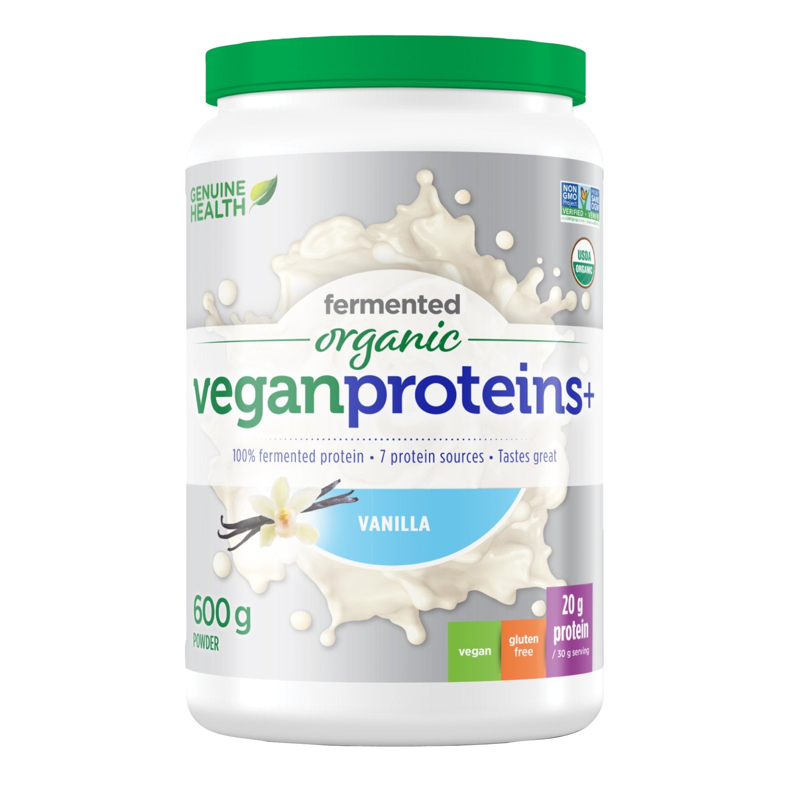 Genuine Health fermented organic vegan proteins+ vanilla| chocolate| unflavoured (600 g)
