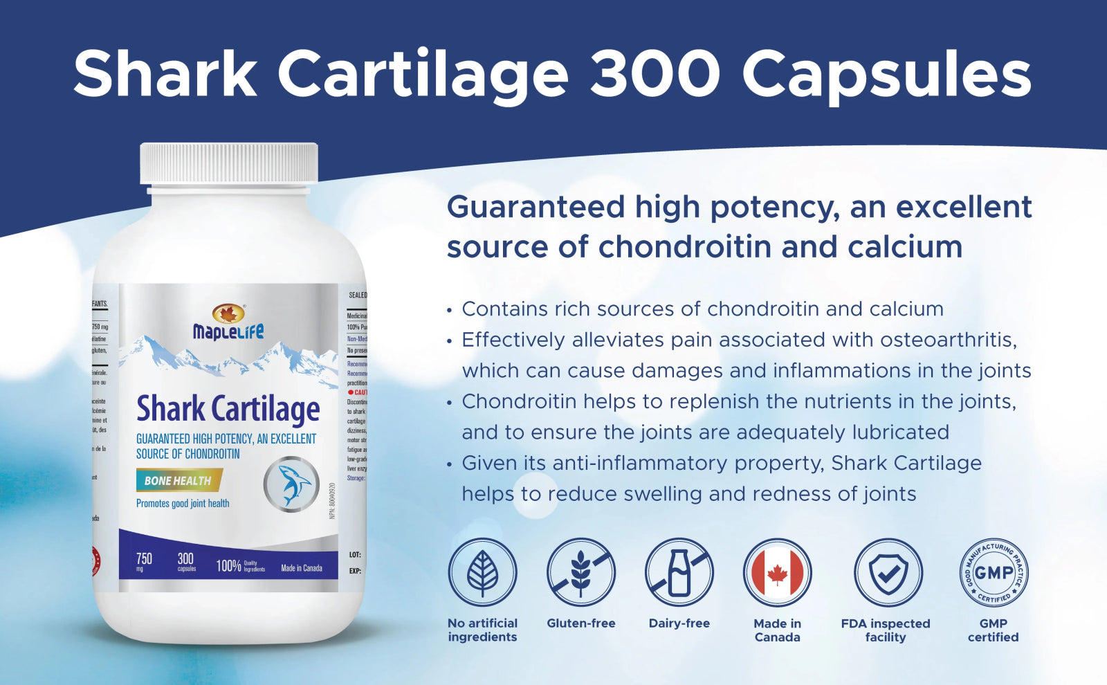 Maplelife Shark Cartilage 750mg (300 Capsules)