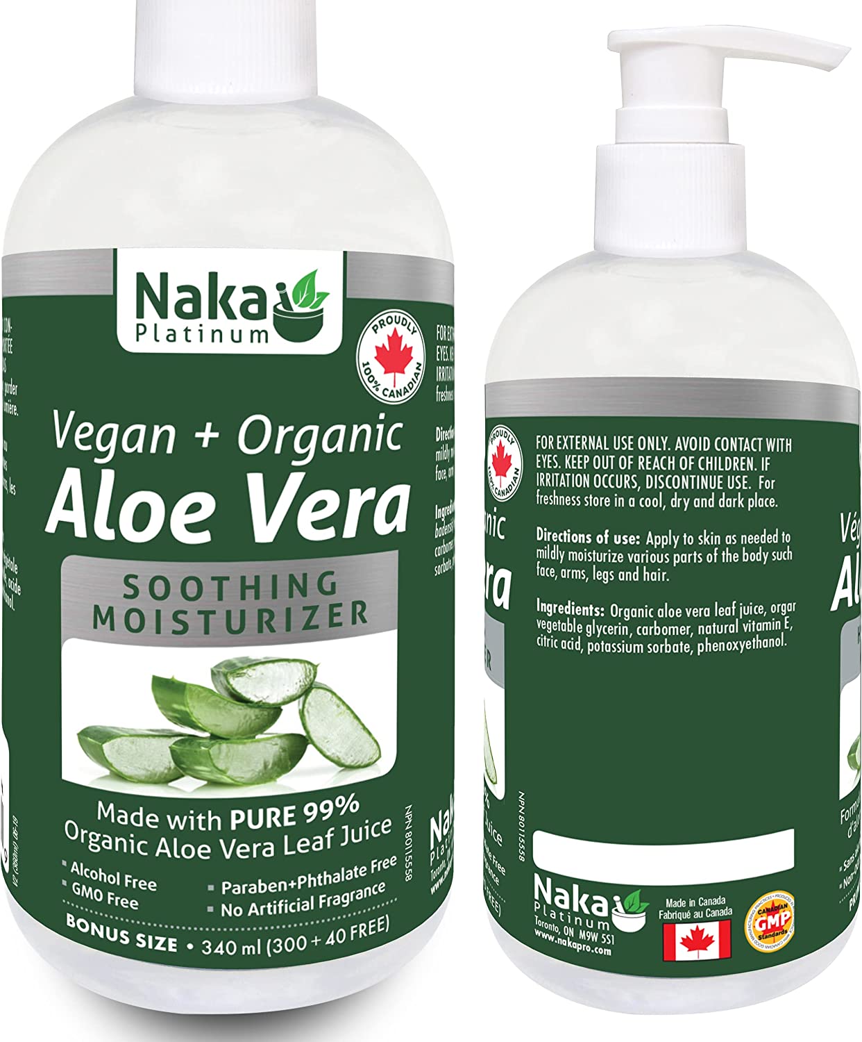 Naka Platinum 100% Organic ALOE VERA Gel Soothing Moisturizer (340 ml)