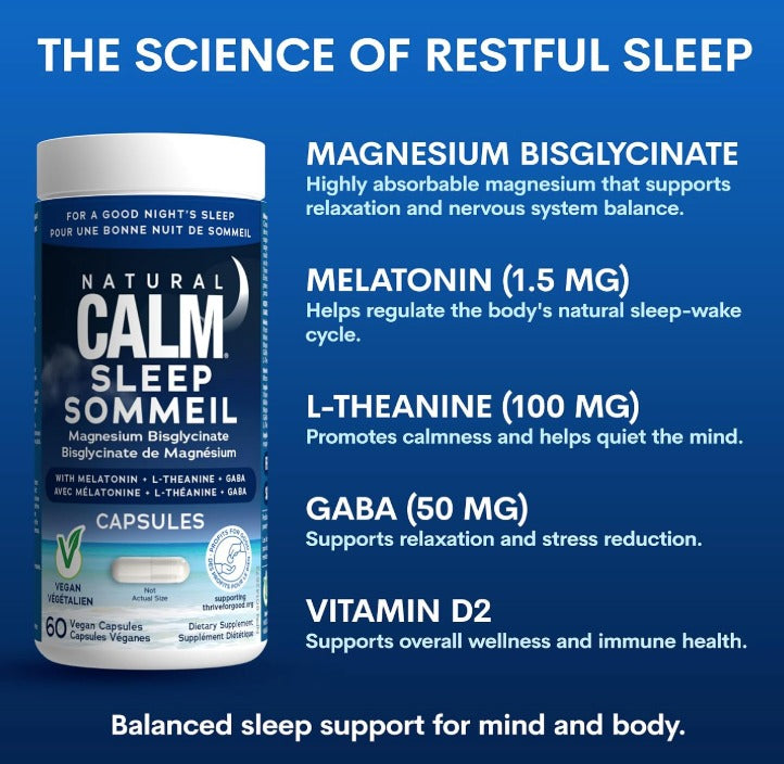 Natural Calm Sleep -  Magnesium Bisglycinate with Melatonin, GABA & L-Theanine (120 CCaps)