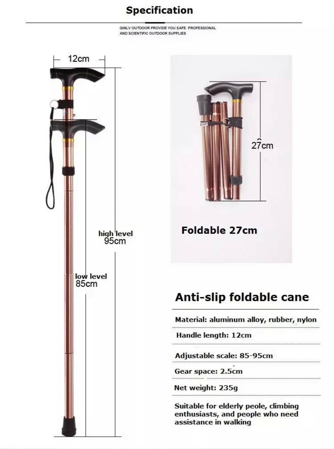 Foldable Aluminum Walking Cane with Four Sections - Lightweight, Adjustable, and Portable Mobility Aid Walking Stick for Seniors and Disabled