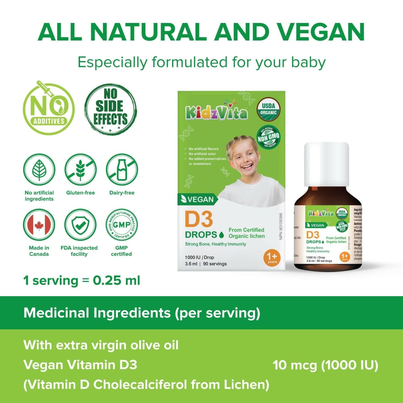 Kidzvita Organic Vegan Vitamin D3 Drops 1000IU (3.6 mL)