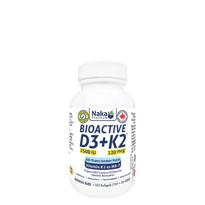 Naka Platinum BioActive D3 + K2 (Mk - 7 Form) 2,500IU + 120 mcg (150 Softgels)