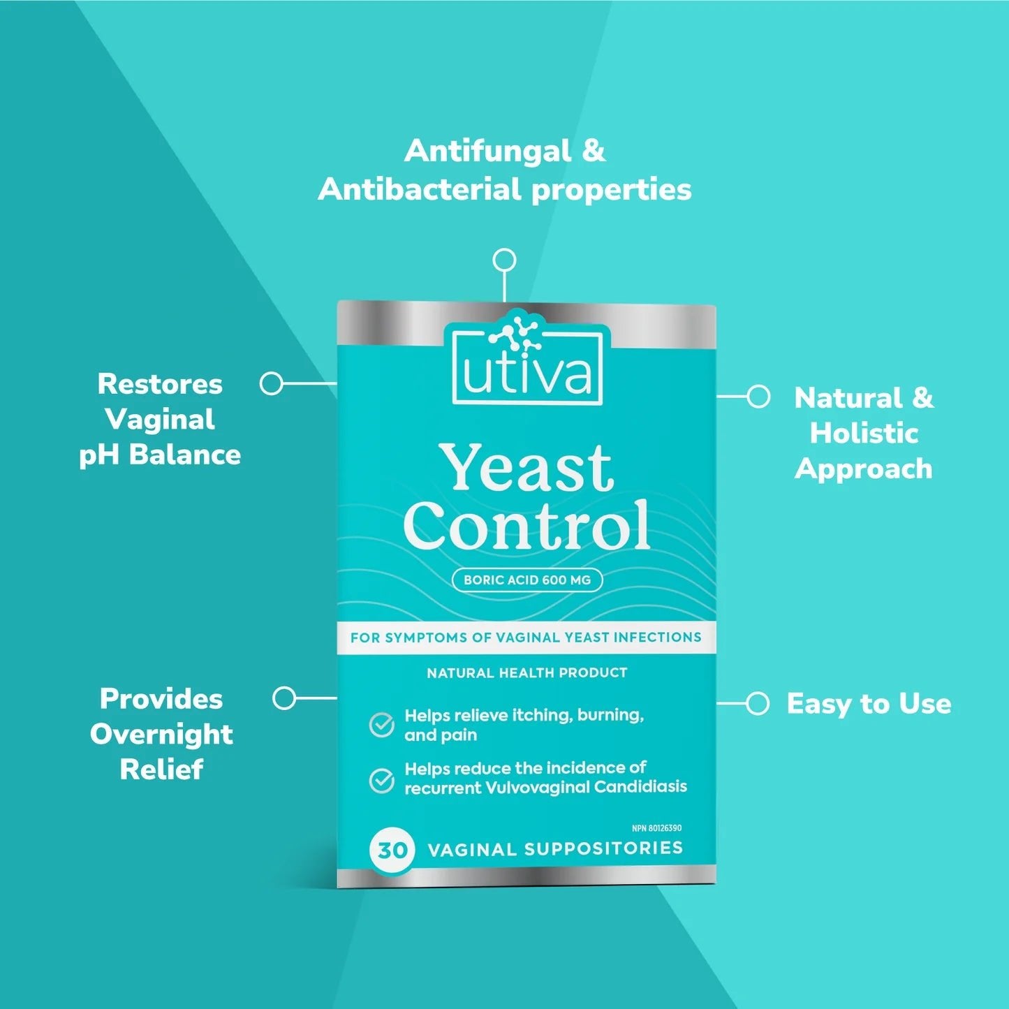 Utiva Yeast Control (30 vaginal supporistories) 600mg Boric acid