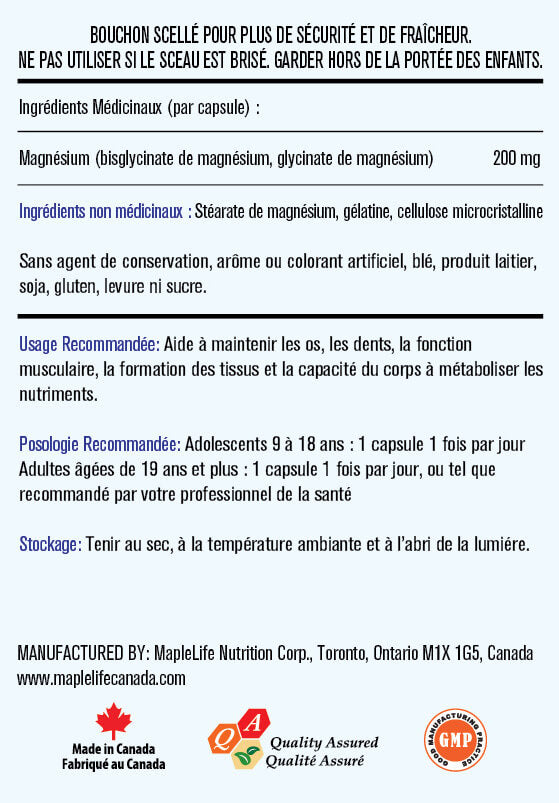 Maplelife Magnesium Bisglycinate 200mg (90 Capsules)
