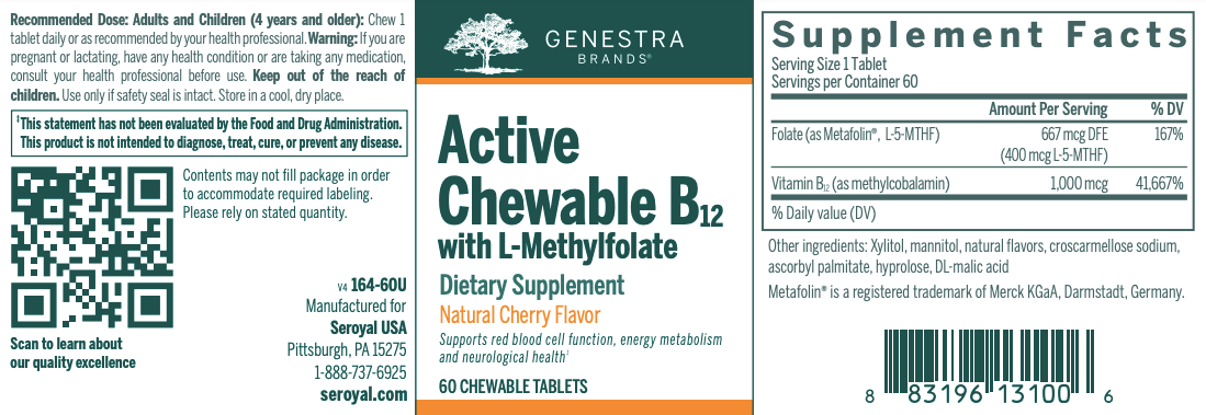 Genestra Active Chewable B12 with L-Methylfolate (60 tabs)