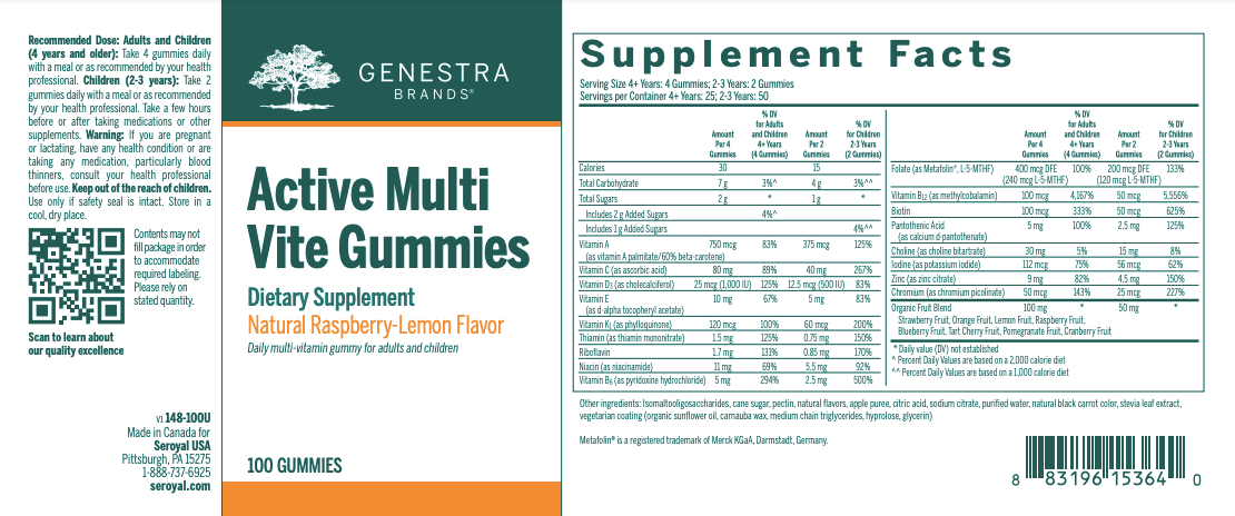 Genestra Active Multi Vite Gummies Natural Raspberry Lemon flavor (100s)